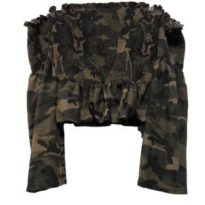 𝅺vintage Havana EST 1954 Camo Off-Shoulder Long Sleeve Top Small